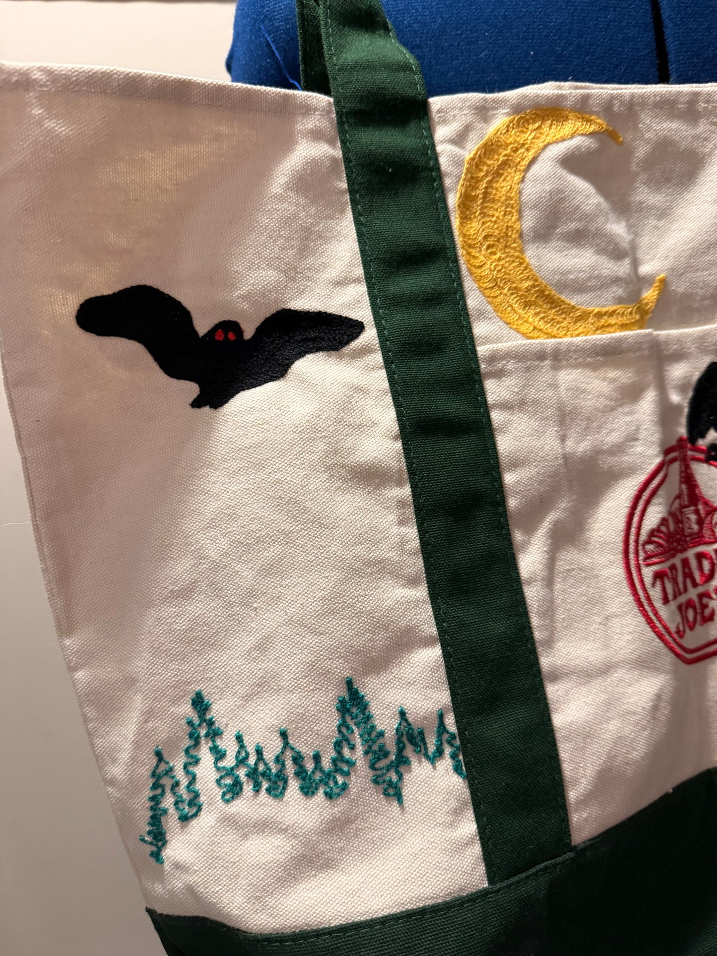 Mothman in the Woods Large Green + Beige Trader Joes Tote Bag