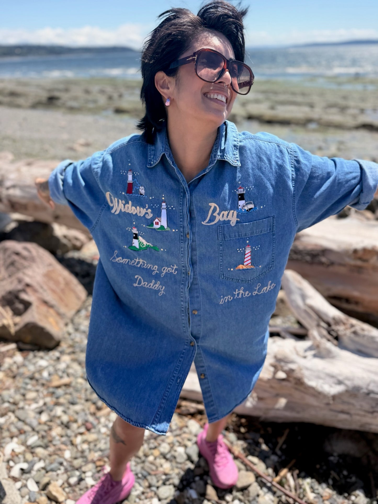 Something Got Daddy in the Lake VTG Denim Lighthouse Button-Down L/S Shirt - LG