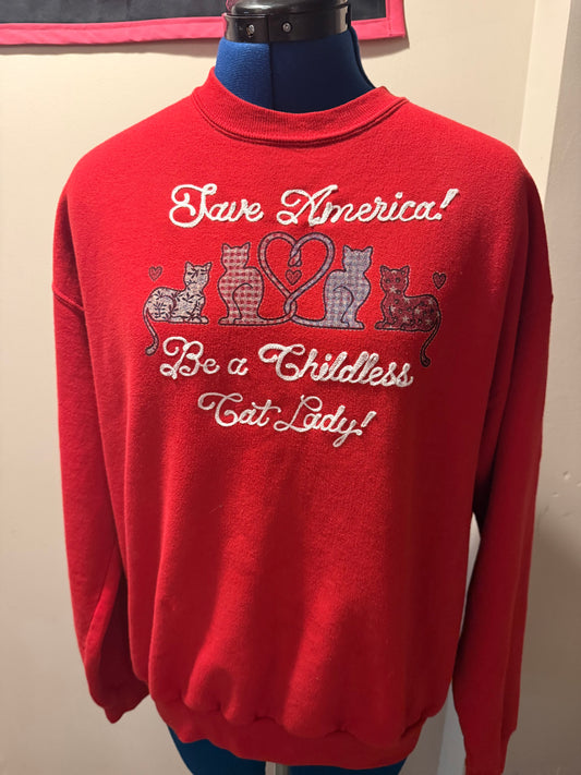Save America! Be a Childless Cat Lady! Vintage Red Crewneck - LG