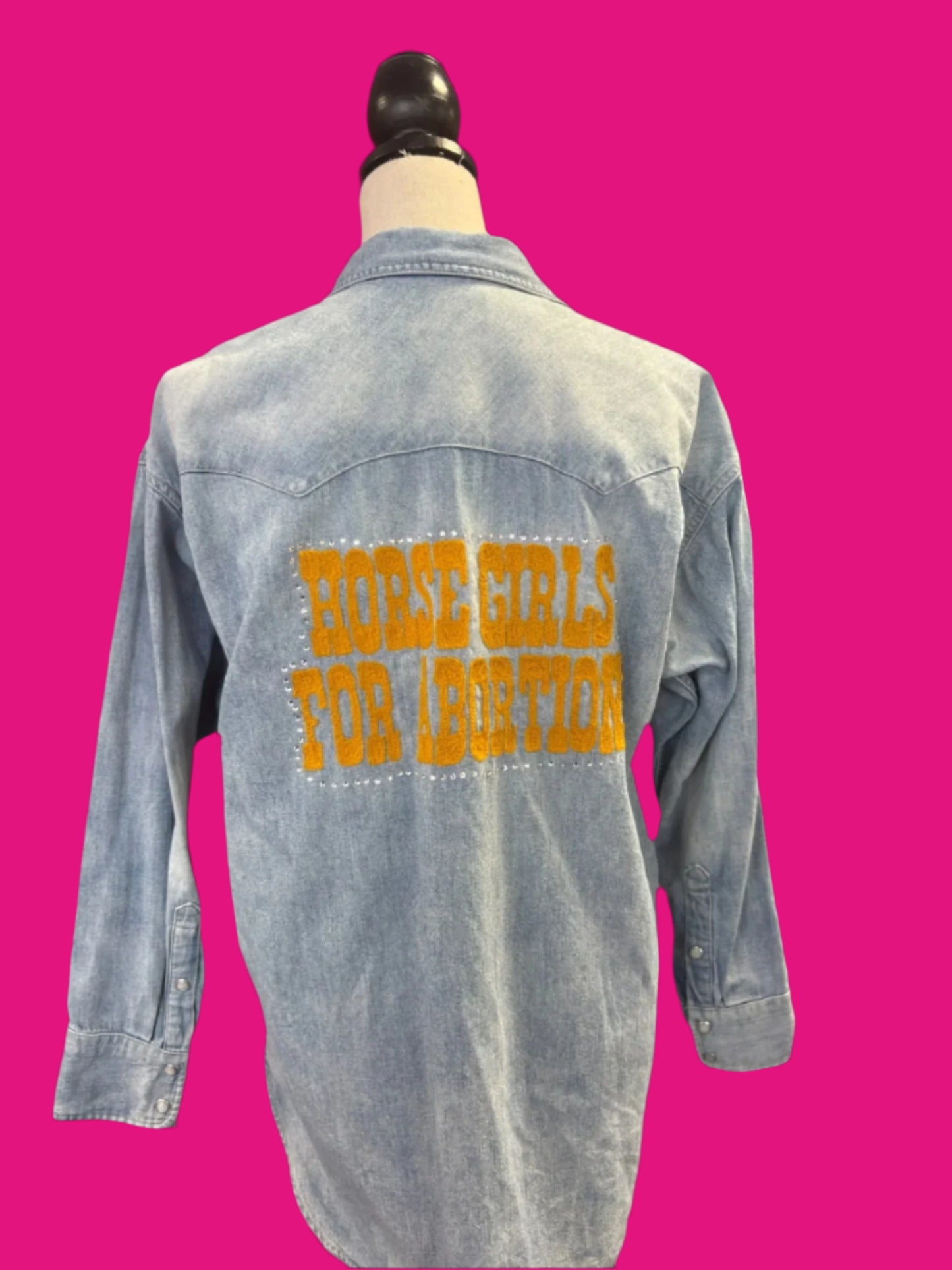 "Horse Girls for Abortion" in Denim with Rhinestones + Cowboy Boot