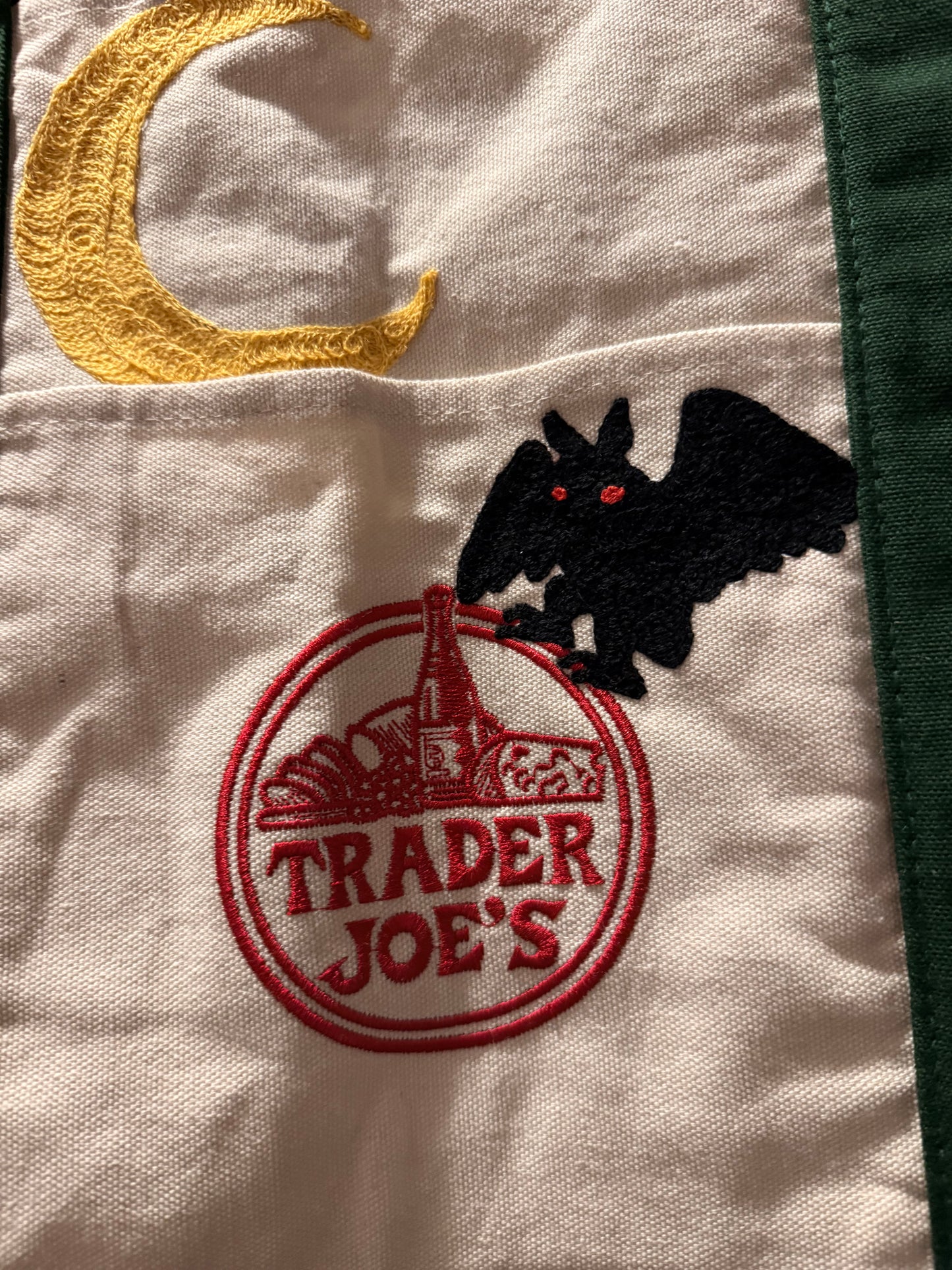 Mothman in the Woods Large Green + Beige Trader Joes Tote Bag