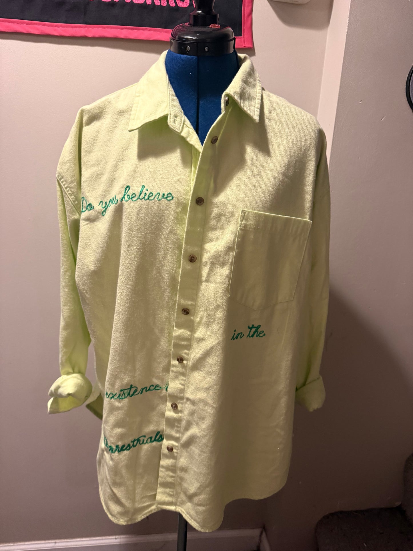 Do You Believe in the Existence of Extraterrestrials? Green Flannel L/S Button-Up Shirt - XL