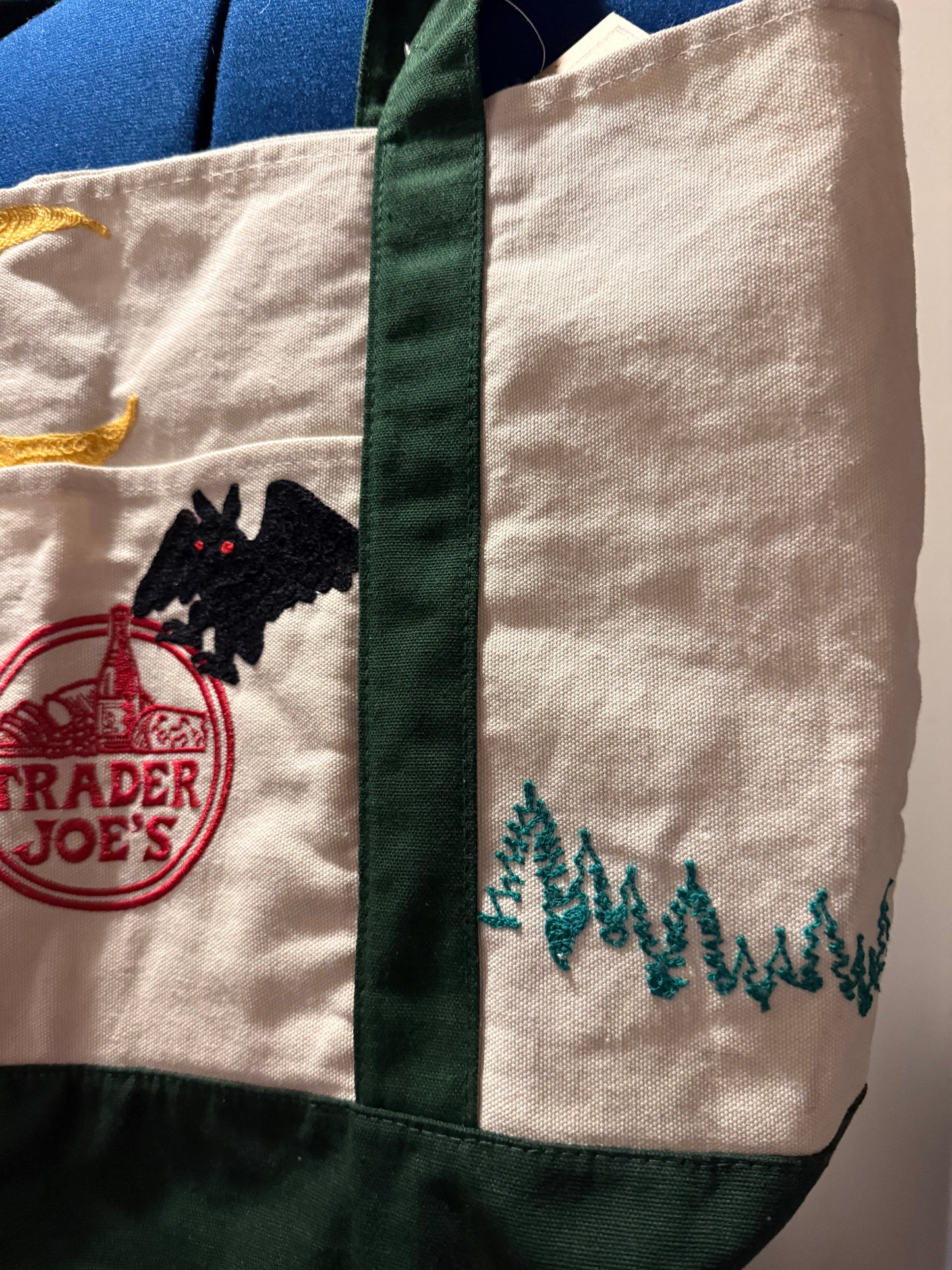 Mothman in the Woods Large Green + Beige Trader Joes Tote Bag