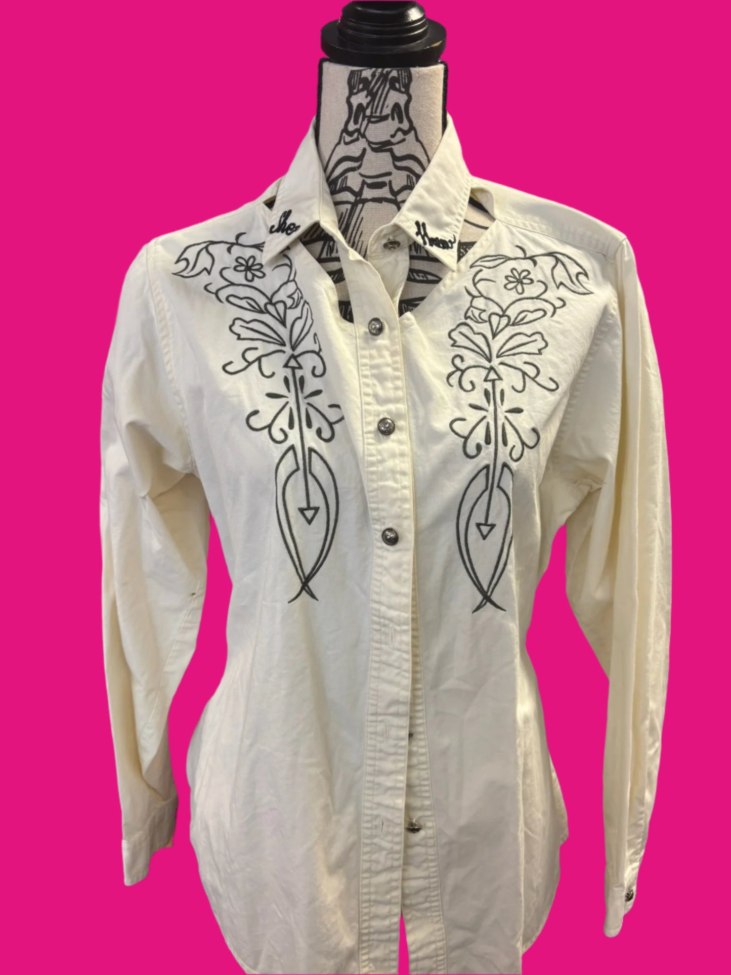 Vintage "She Haw" White + Black Pearl Snap with Cutouts on Collar