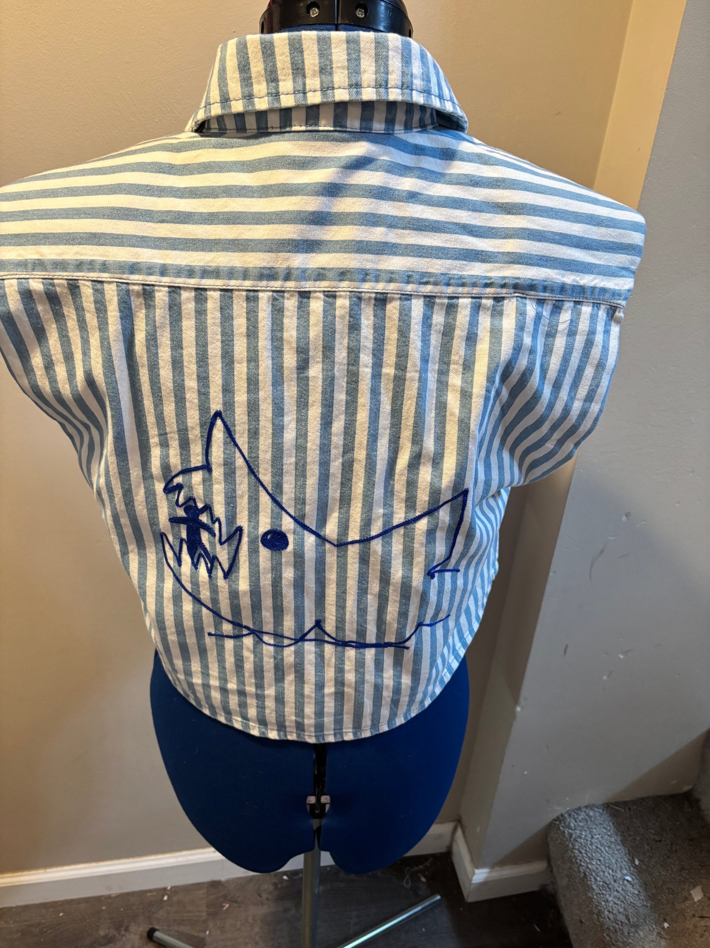 Fourth of Jaws Blue + White Striped Crop Sleeveless Top - S