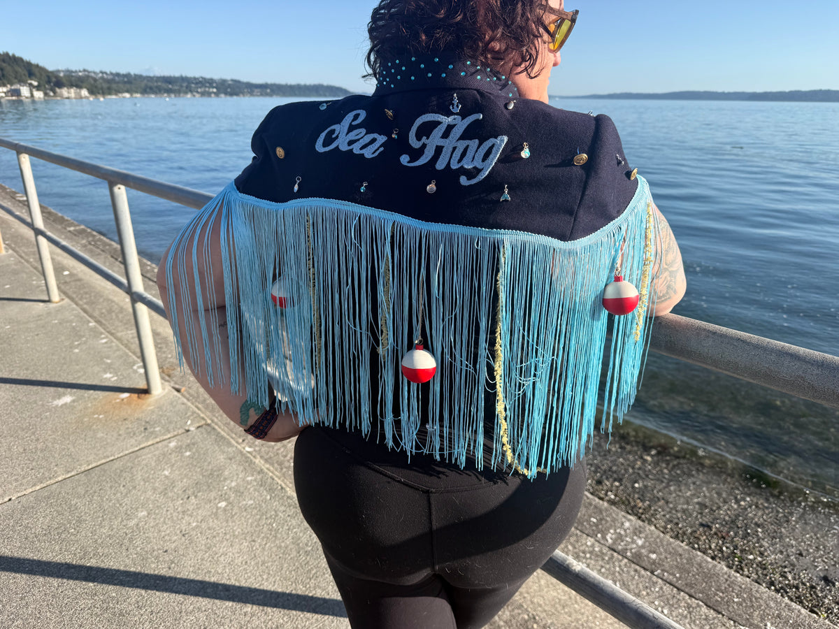 Sea Hag Disco Cape with Rhinestones, Fringe Trim, Seaweed + Bobbers