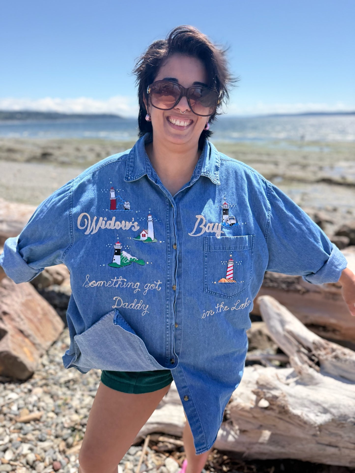 Something Got Daddy in the Lake VTG Denim Lighthouse Button-Down L/S Shirt - LG