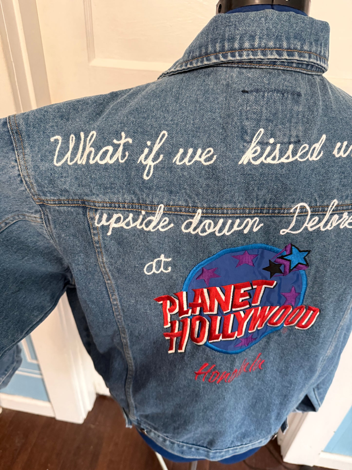 "What If We Kissed Under the Upside Down Delorean at Planet Hollywood Honolulu" Vintage Denim Jacket