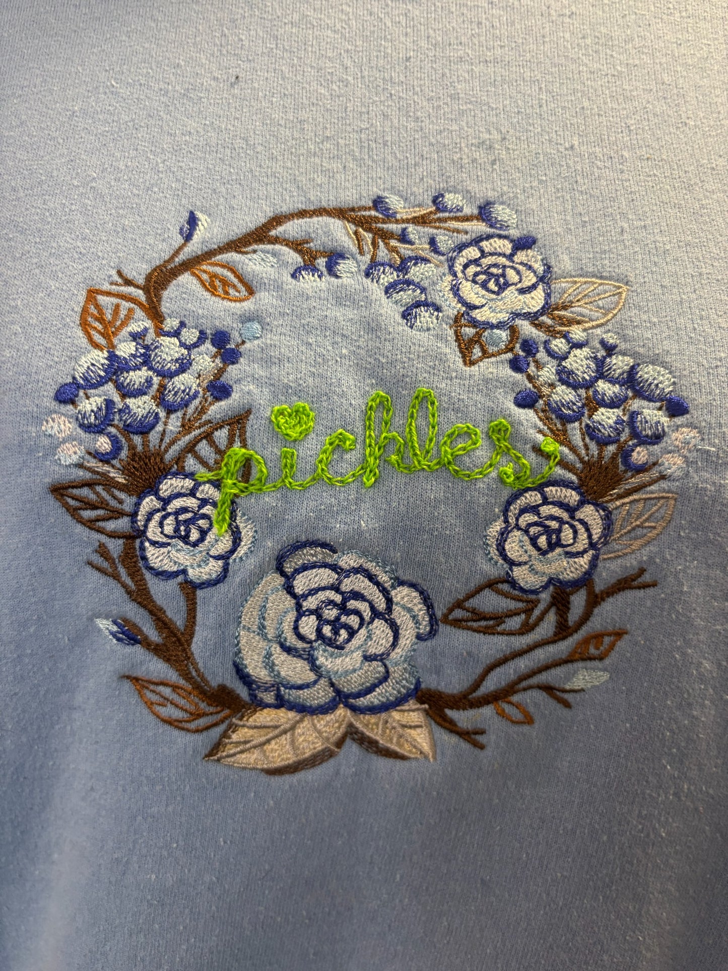 Vintage "Pickles" in Rose Wreath Light Blue Collared Crewneck