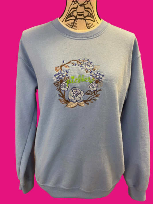 Vintage "Pickles" in Rose Wreath Light Blue Collared Crewneck