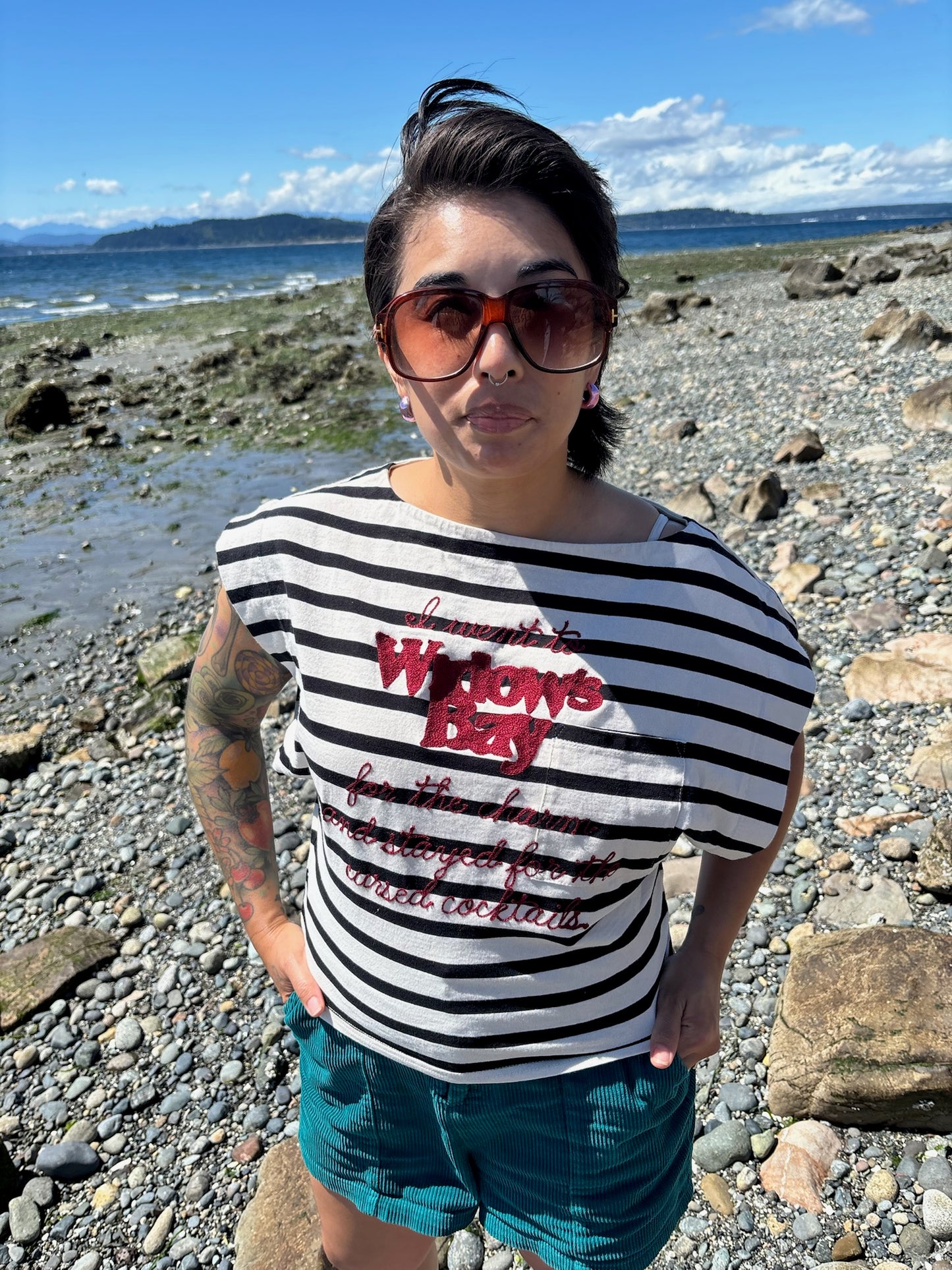 I went to Widow's Bay for the charm and stayed for the cursed cocktails White + Black Striped Structured Cap Sleeve Top - SM