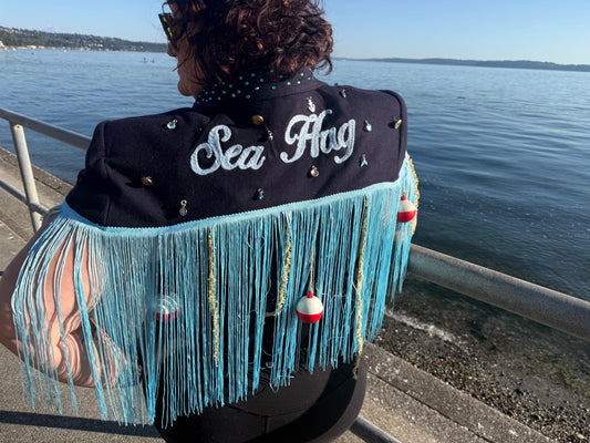 Sea Hag Disco Cape with Rhinestones, Fringe Trim, Seaweed + Bobbers
