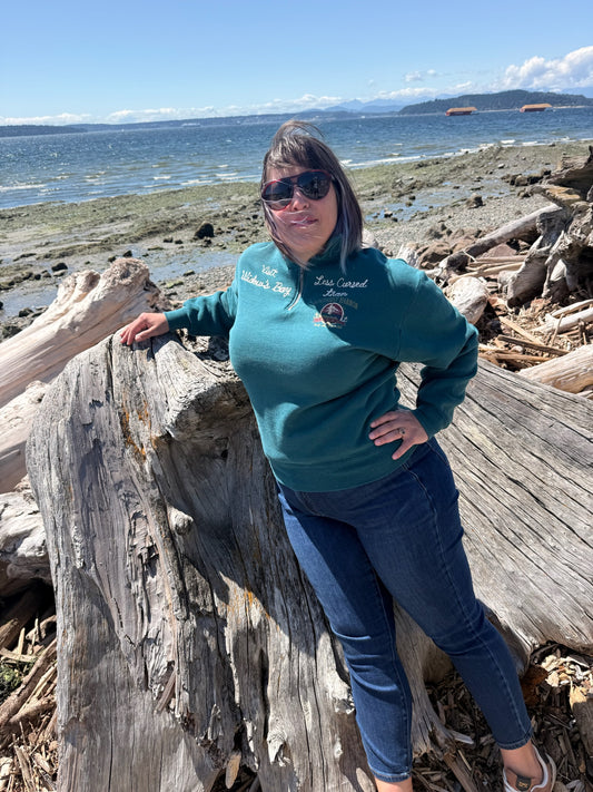 Visit Widow's Bay! Less Cursed Than Booth Bay Harbor VTG Teal Quarter Zip Sweatshirt - MD