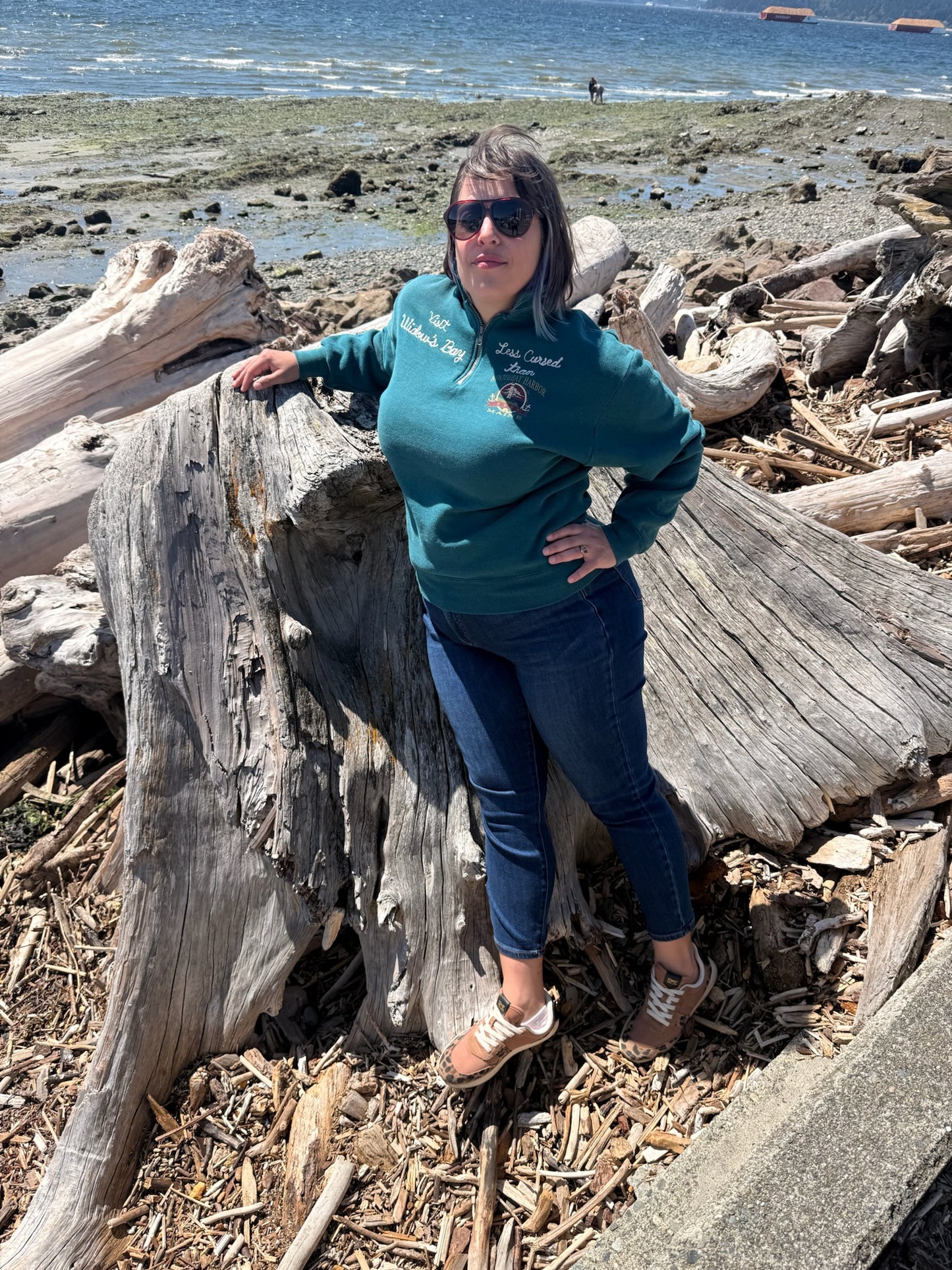Visit Widow's Bay! Less Cursed Than Booth Bay Harbor VTG Teal Quarter Zip Sweatshirt - MD