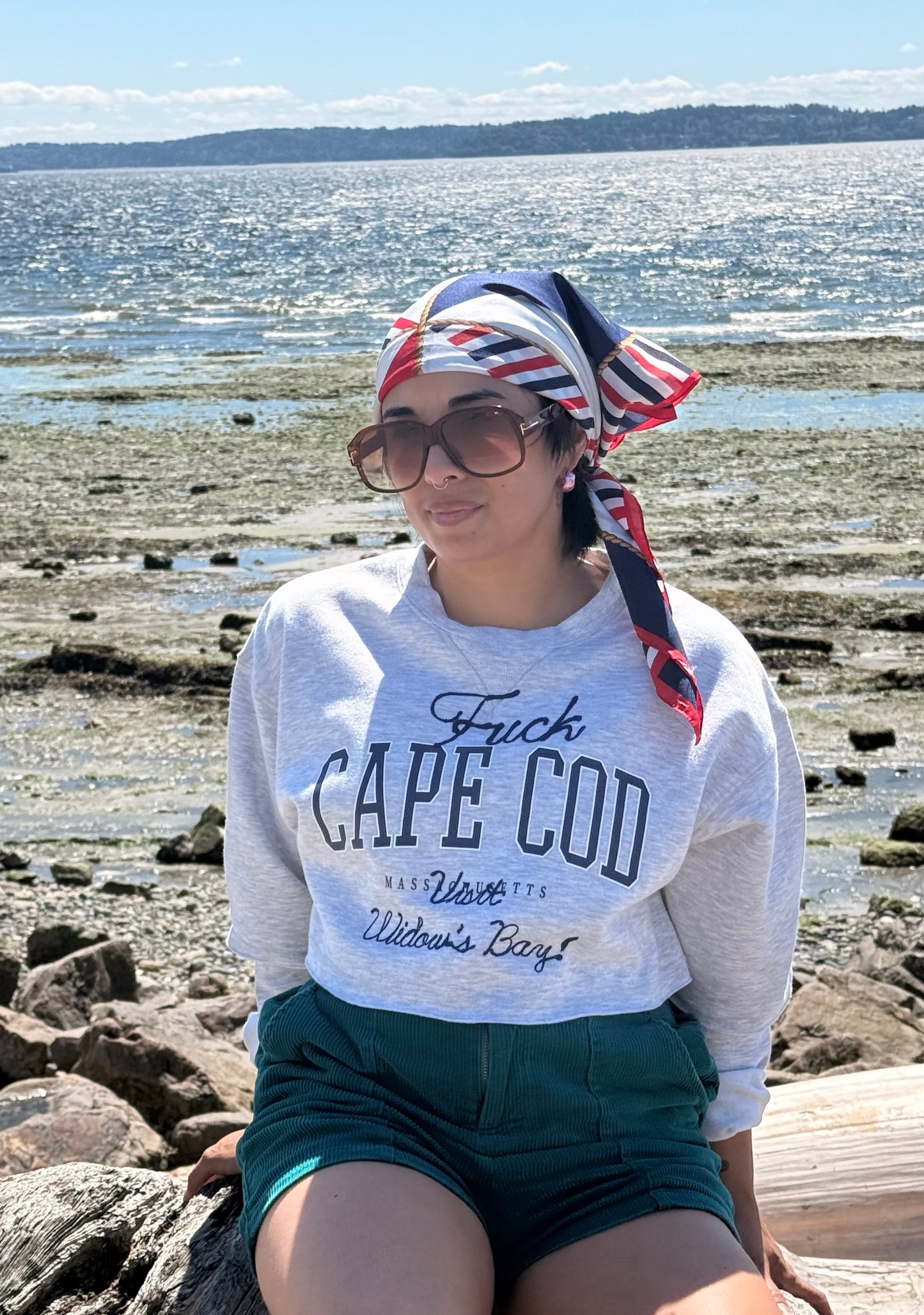 F*ck Cape Cod! Visit Widow's Bay! Gray Crewneck Crop Sweatshirt - LG
