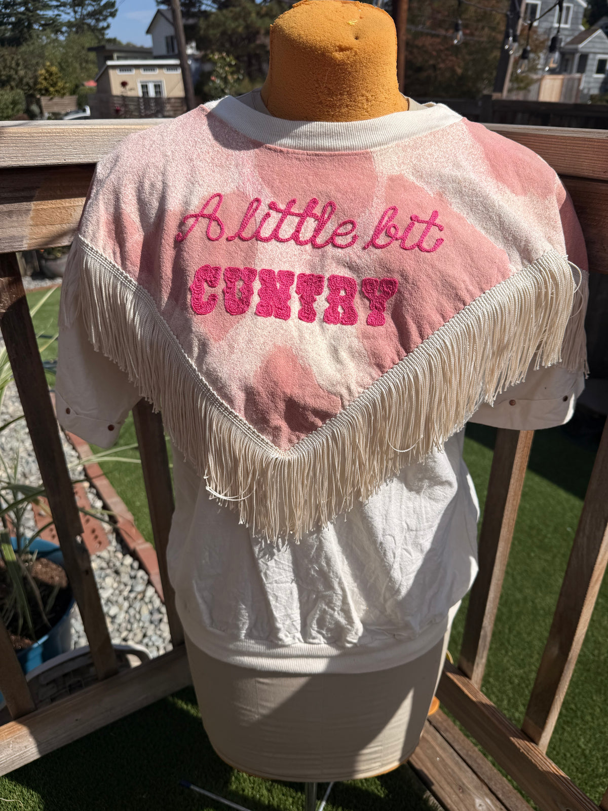 A Little Bit Cuntry Neon Cowgirl + Horse VTG S/S Fringe + Suede Top - LG