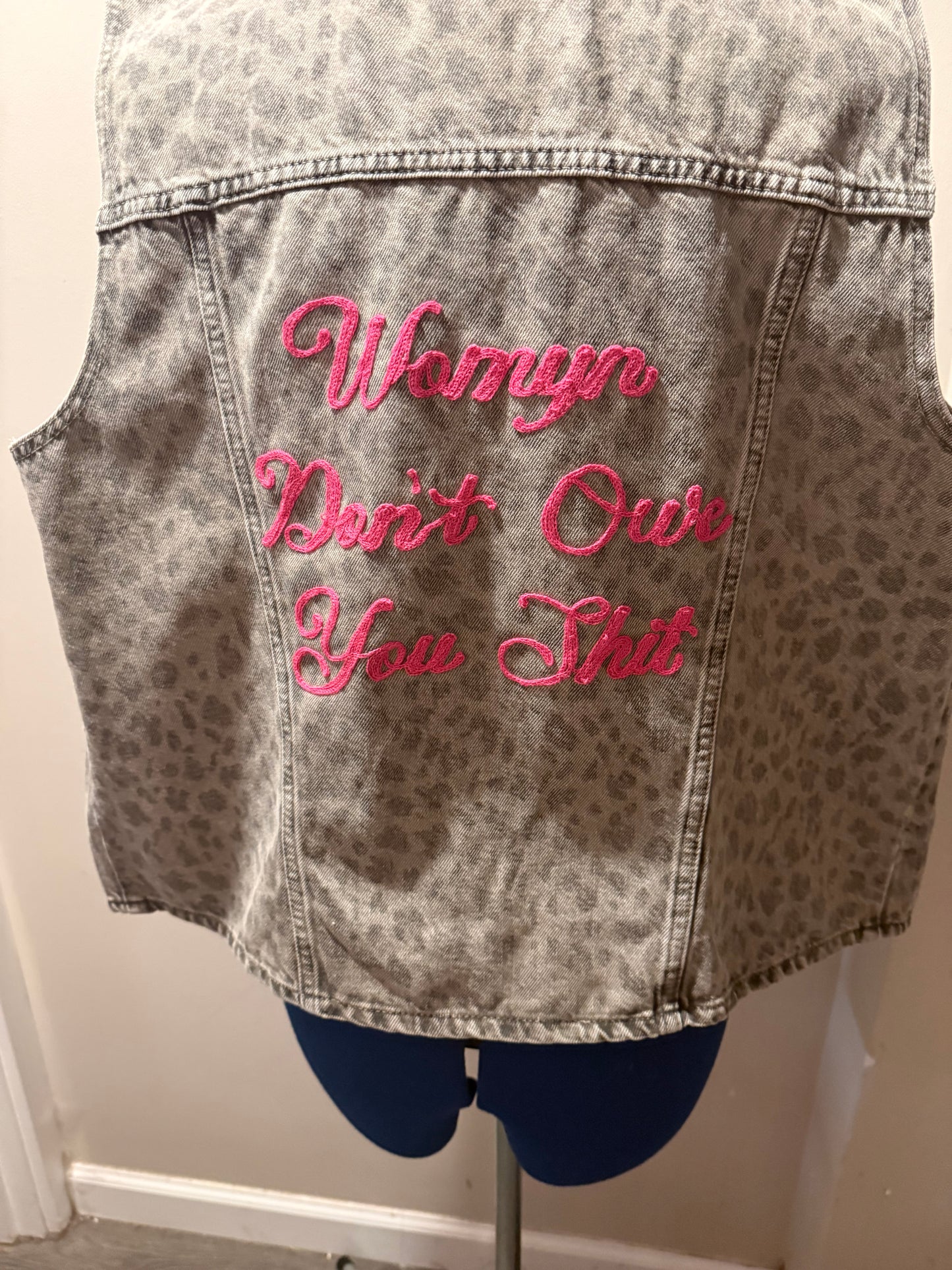 Womyn Don't Owe You Shit Animal Print Denim Vest - XL