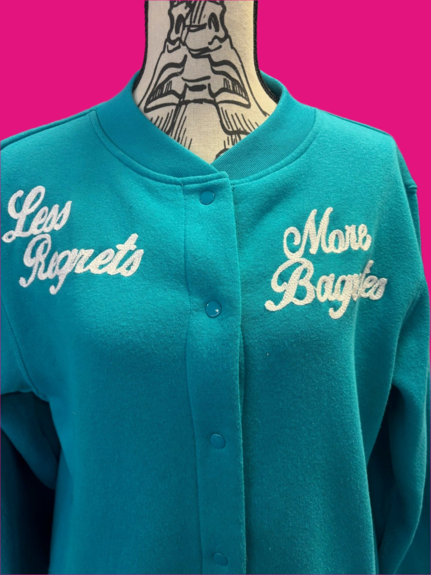 "Less Regrets, More Baguettes" Snap Up Teal Vintage Jacket
