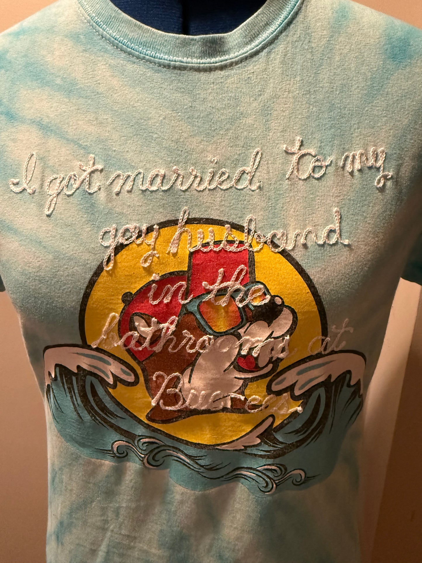 I got married to my gay husband in the bathrooms at Buc-ees Blue Tie-Dye Printed Tee - SM