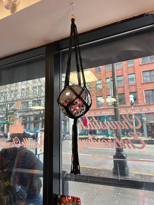 Large Black Macrame Disco Ball Hanger