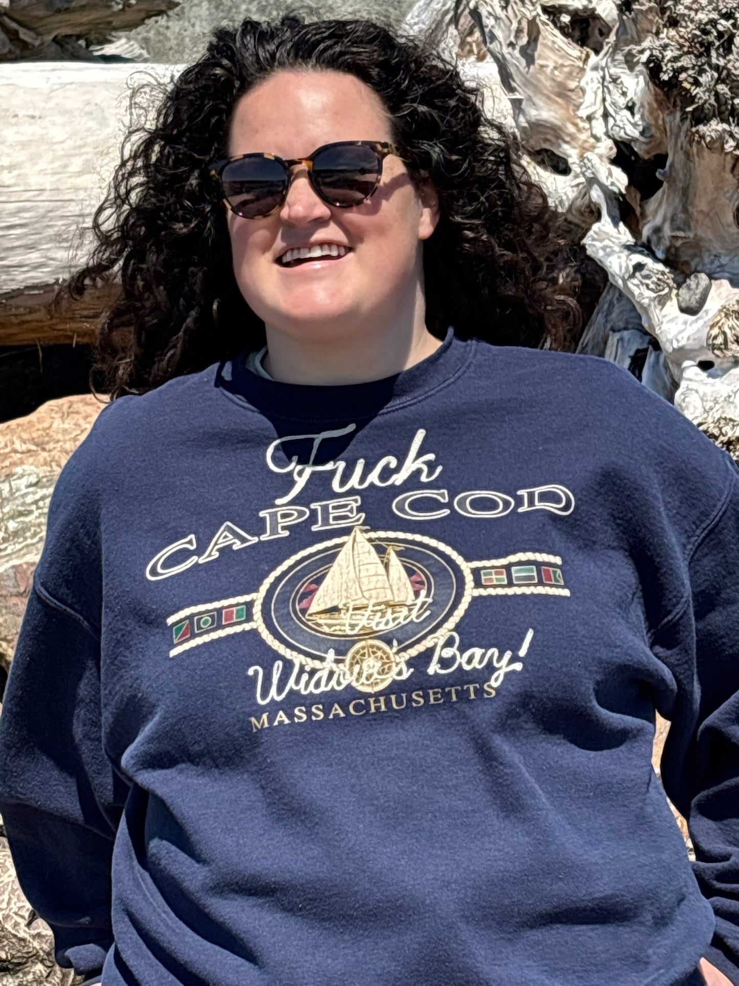 F*ck Cape Cod! Visit Widow's Bay! VTG Navy Graphic Print Crewneck Sweatshirt -