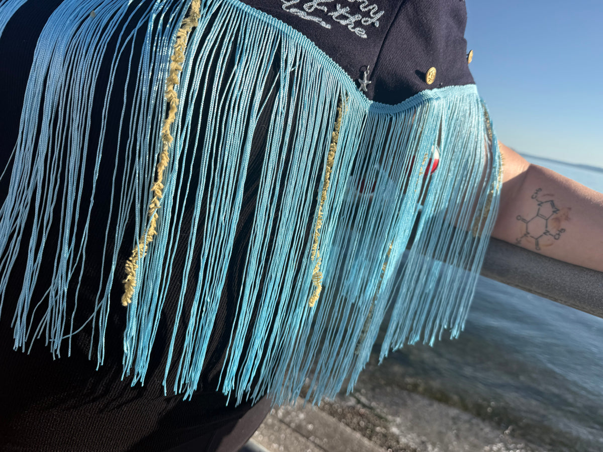 Sea Hag Disco Cape with Rhinestones, Fringe Trim, Seaweed + Bobbers