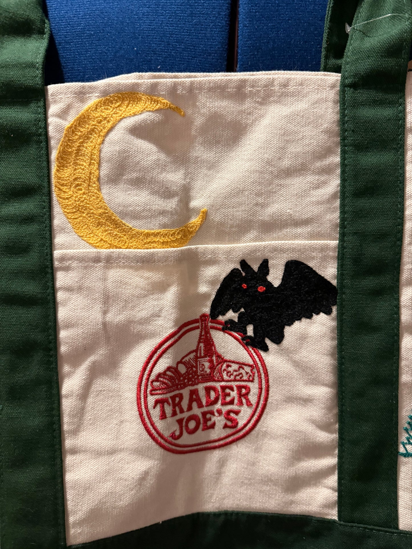 Mothman in the Woods Large Green + Beige Trader Joes Tote Bag