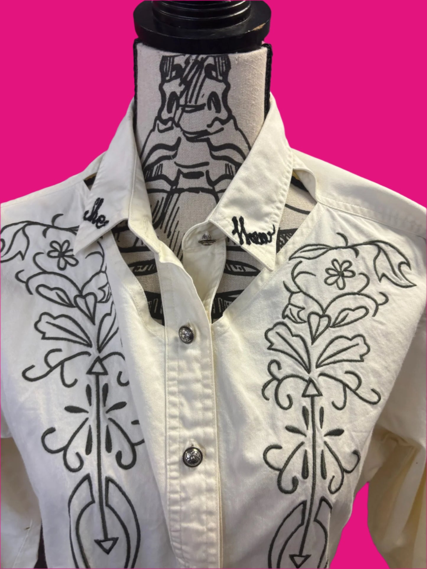 Vintage "She Haw" White + Black Pearl Snap with Cutouts on Collar