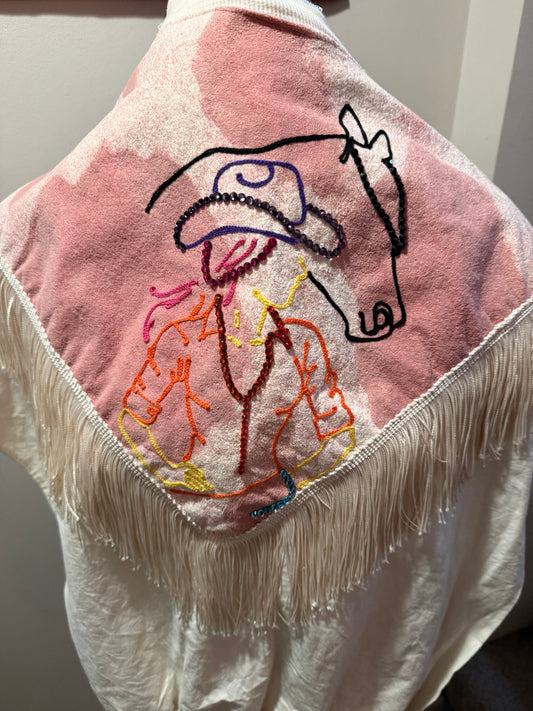 A Little Bit Cuntry Neon Cowgirl + Horse VTG S/S Fringe + Suede Top - LG