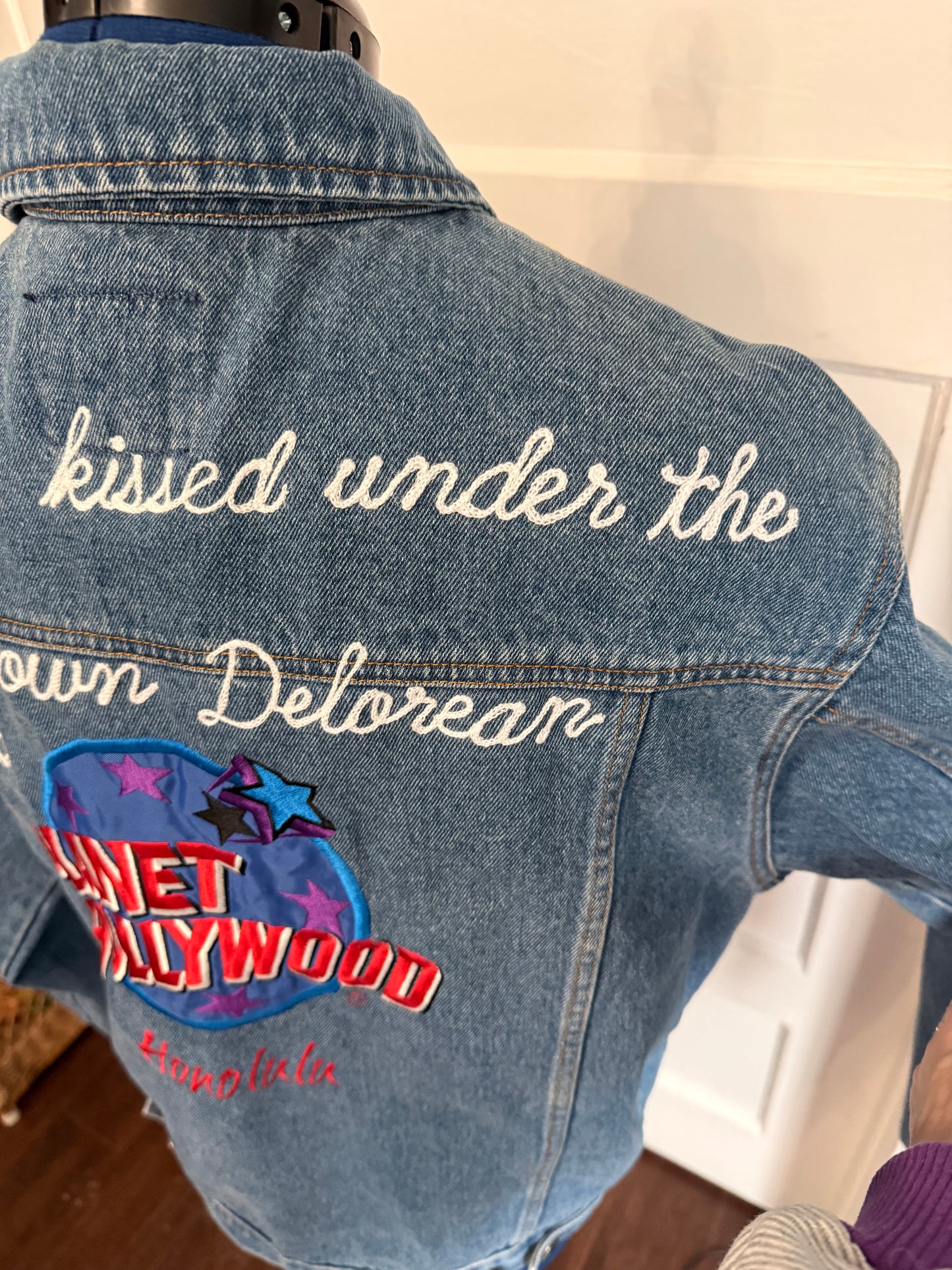 "What If We Kissed Under the Upside Down Delorean at Planet Hollywood Honolulu" Vintage Denim Jacket