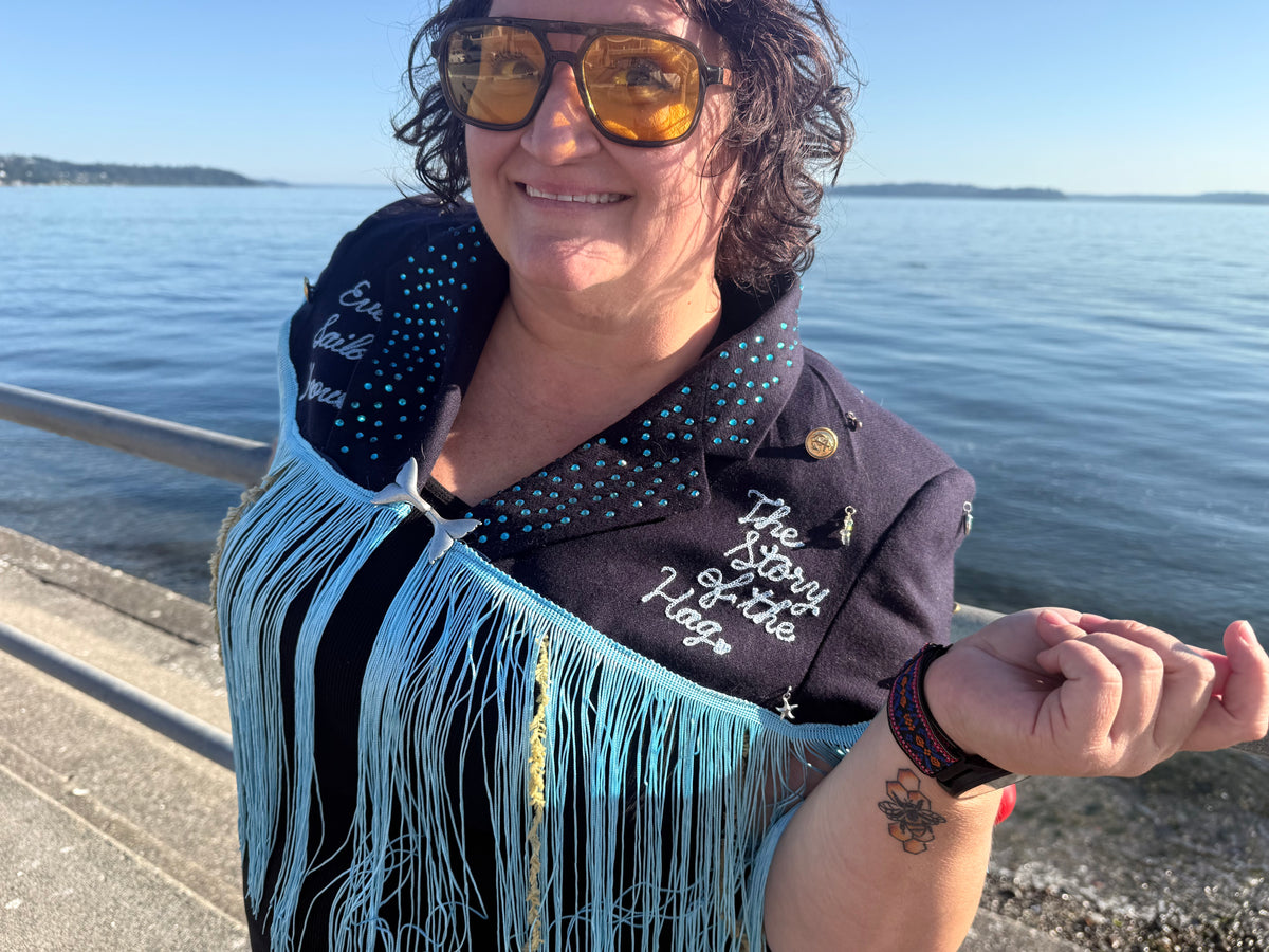 Sea Hag Disco Cape with Rhinestones, Fringe Trim, Seaweed + Bobbers
