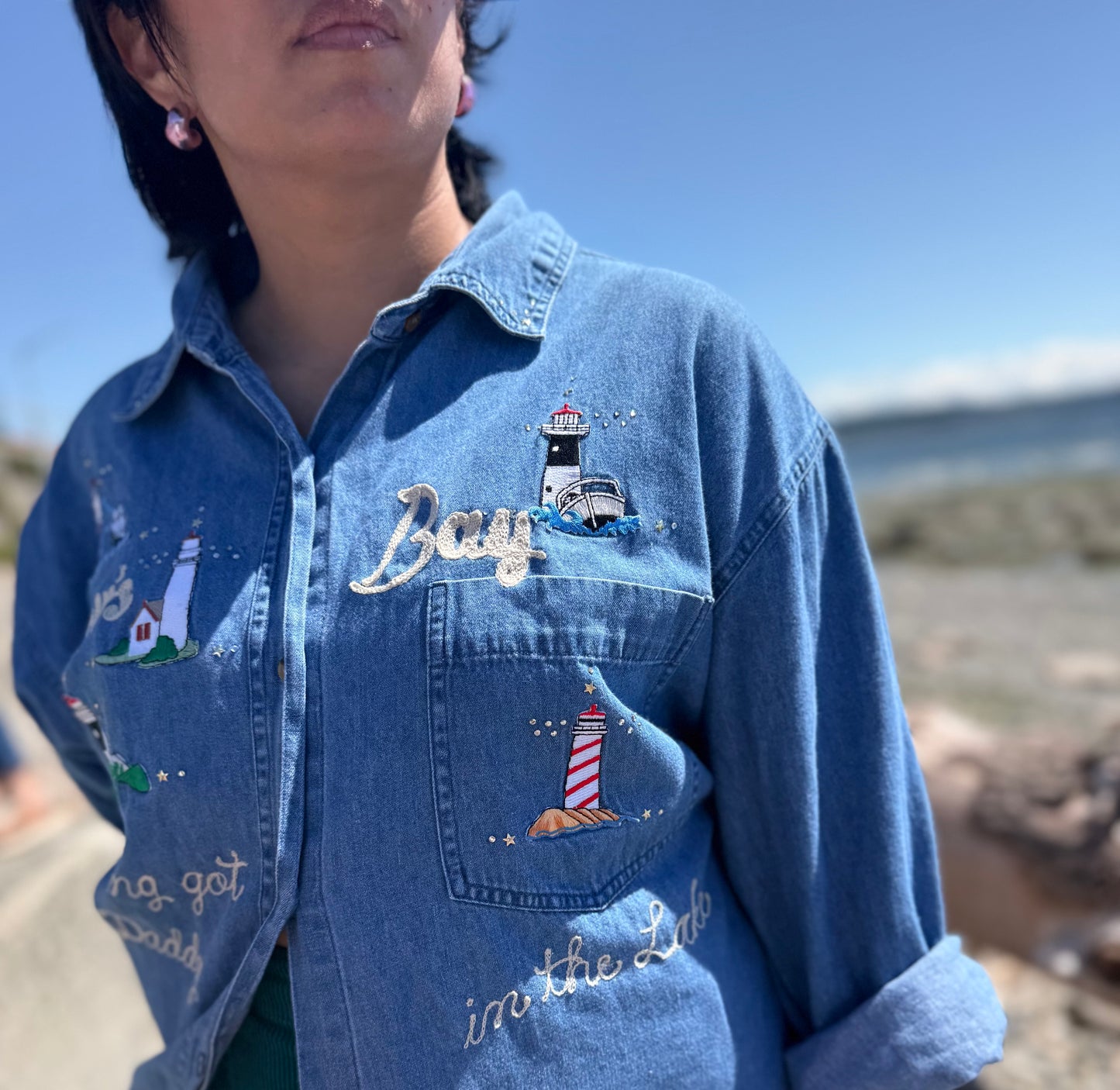 Something Got Daddy in the Lake VTG Denim Lighthouse Button-Down L/S Shirt - LG