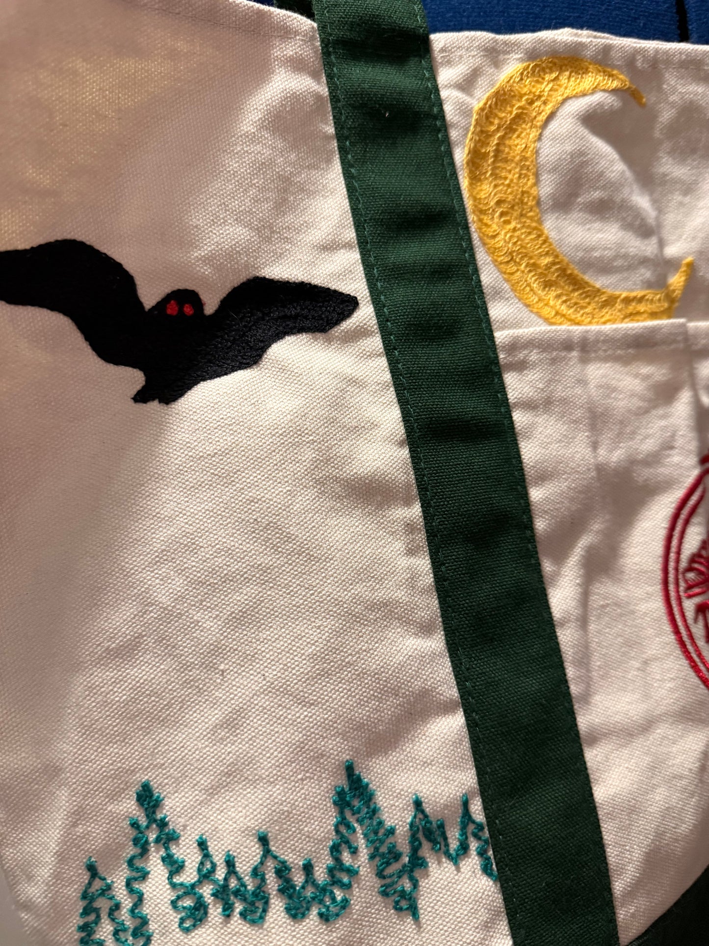Mothman in the Woods Large Green + Beige Trader Joes Tote Bag