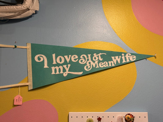 I love my hot mean wife teal + white felt pennant