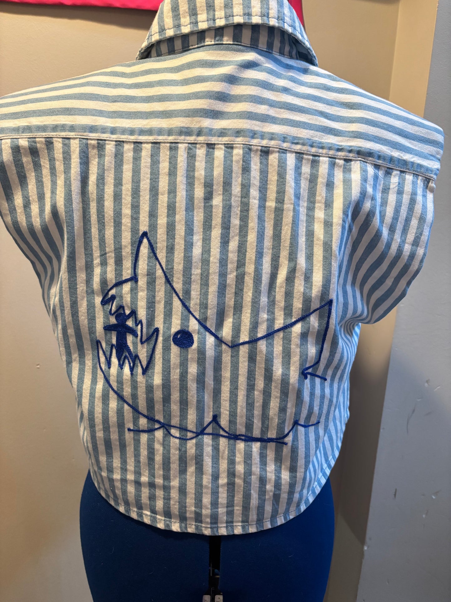 Fourth of Jaws Blue + White Striped Crop Sleeveless Top - S