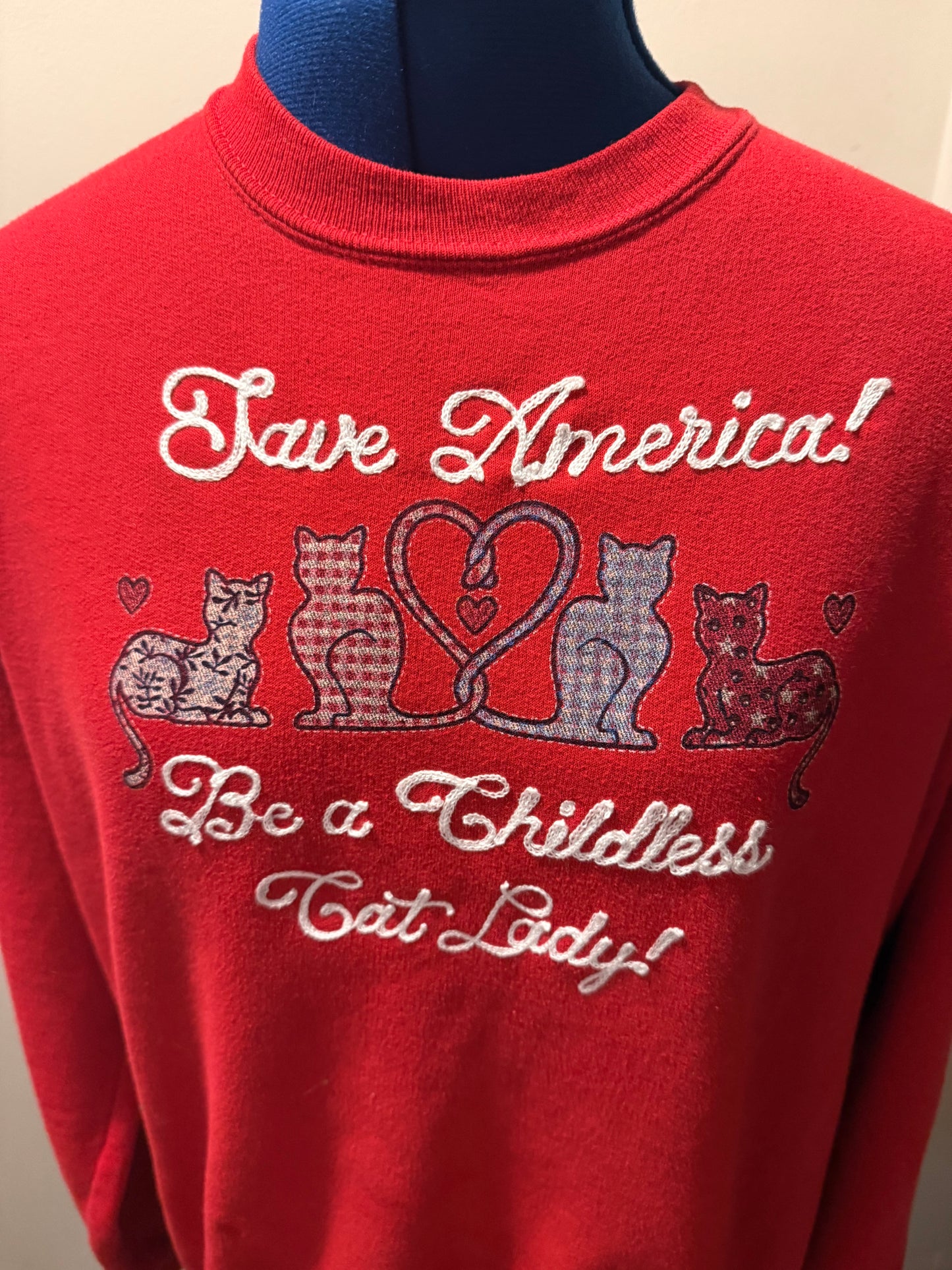 Save America! Be a Childless Cat Lady! Vintage Red Crewneck - LG