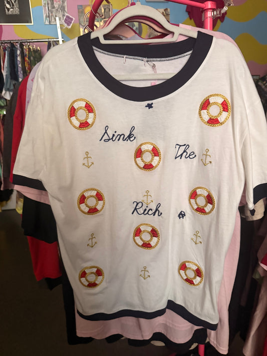 Sink the Rich White, Red, Navy Nautical Ringer Tee - XL