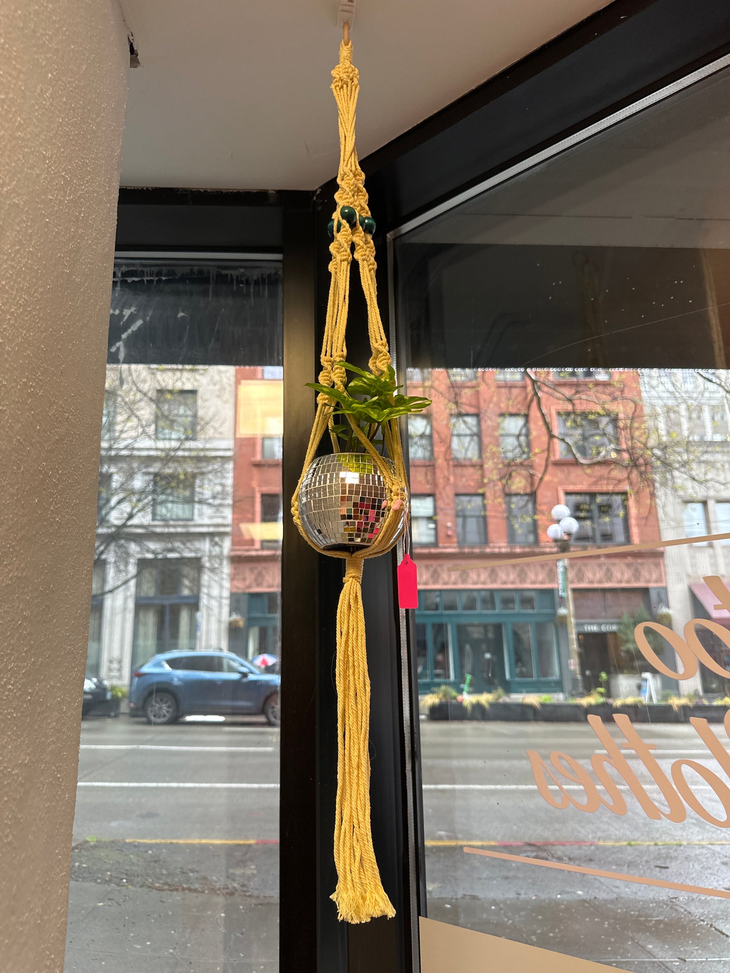Yellow Beaded Macrame Disco Ball Holder