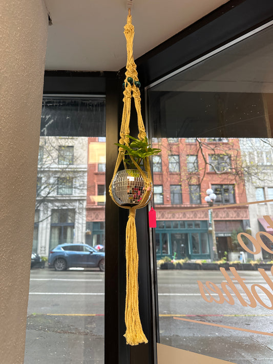 Yellow Beaded Macrame Disco Ball Holder
