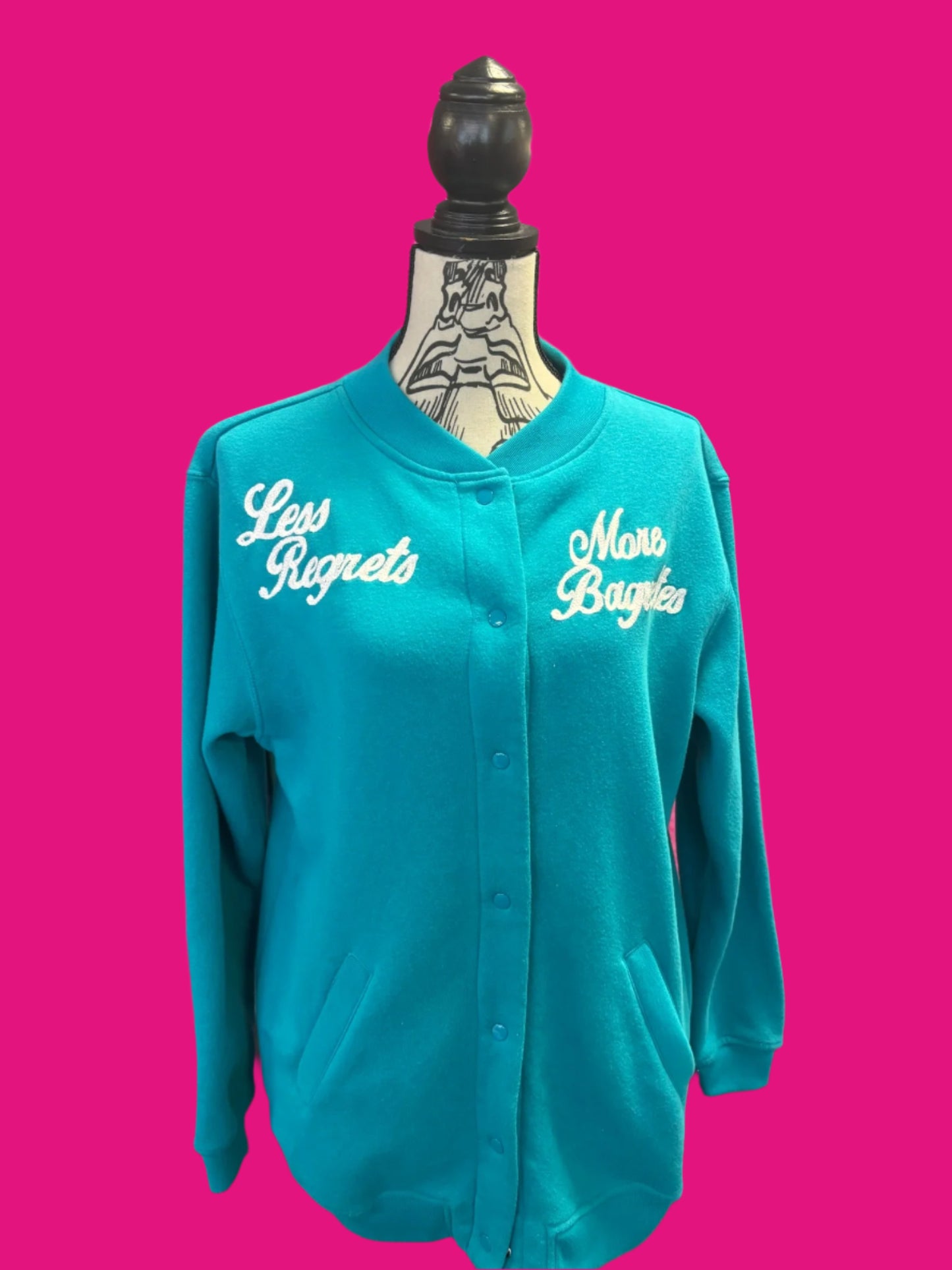 "Less Regrets, More Baguettes" Snap Up Teal Vintage Jacket