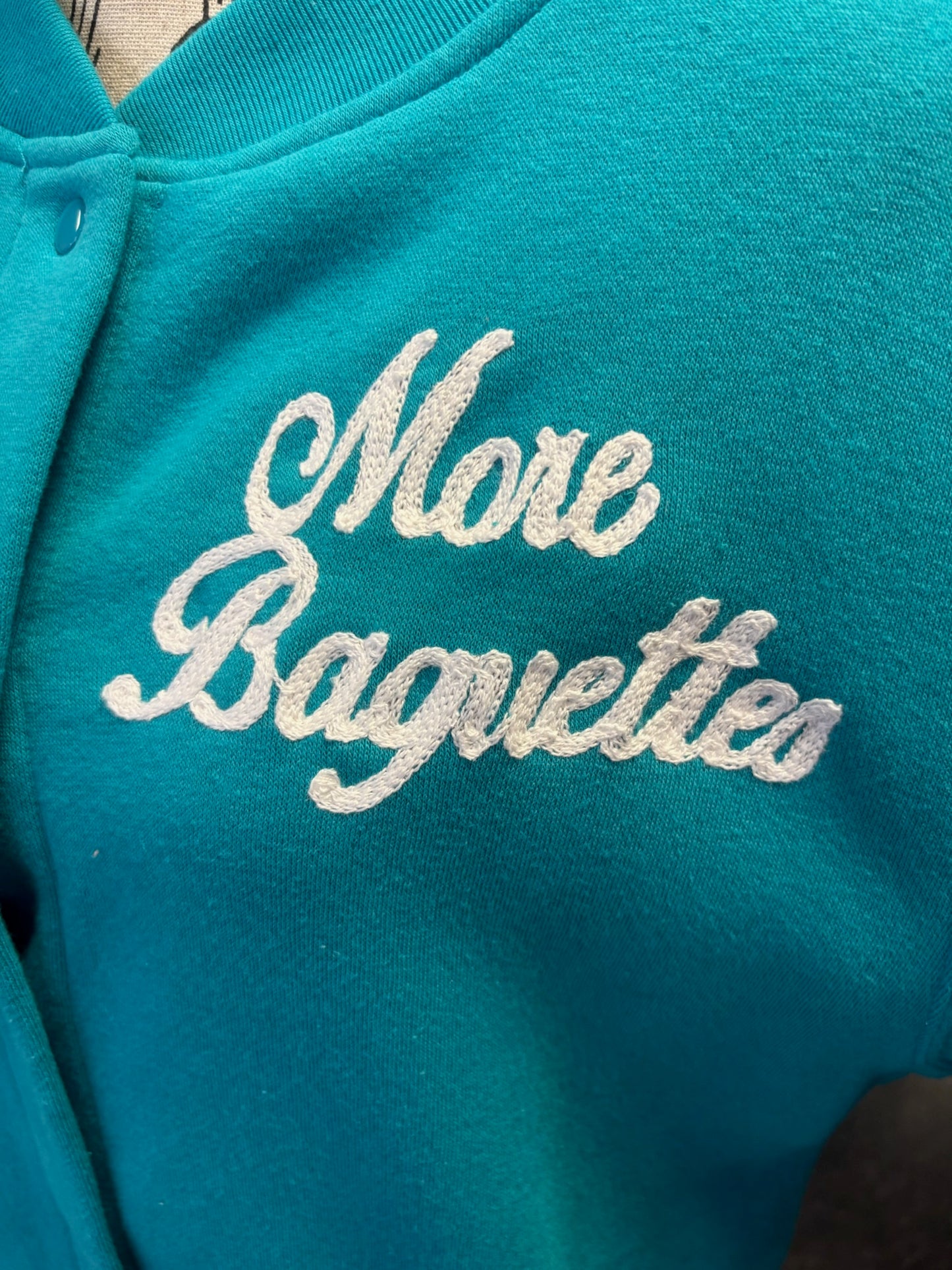"Less Regrets, More Baguettes" Snap Up Teal Vintage Jacket