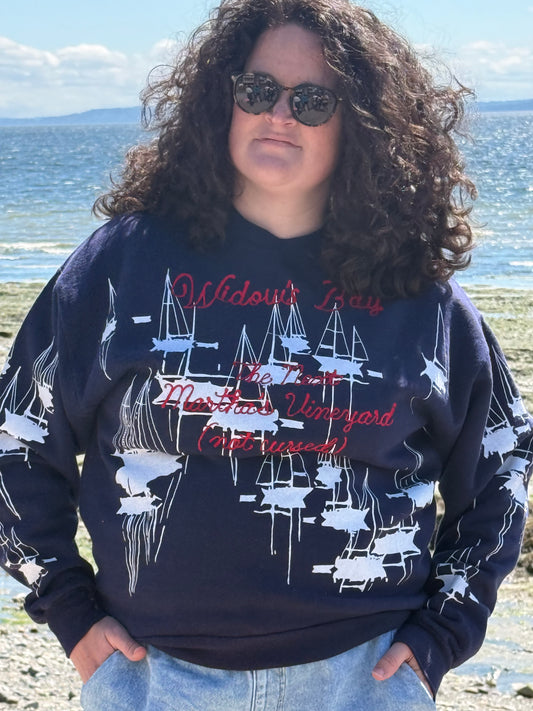 Widow's Bay The Next Martha's Vineyard (not cursed) VTG Navy Sailboat Harbor Crewneck Sweatshirt - LG