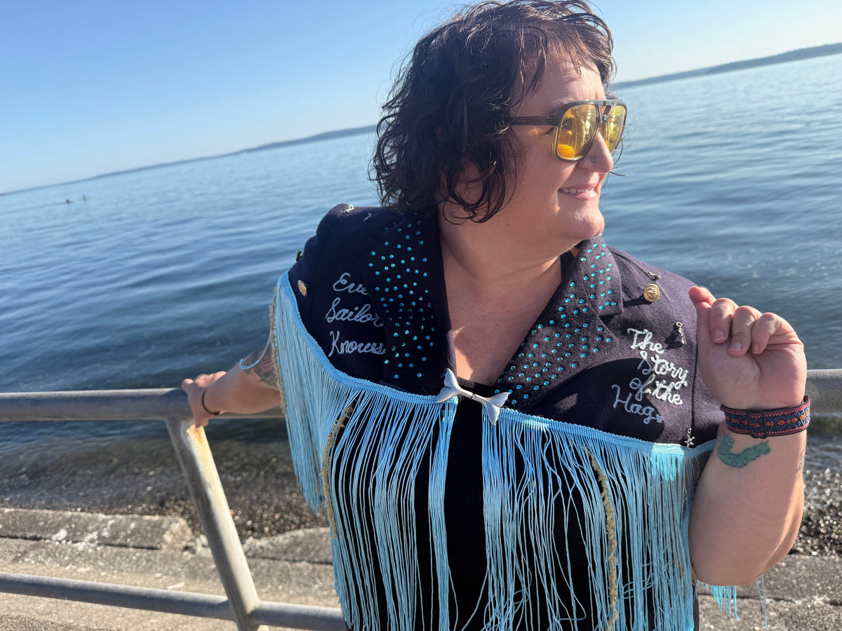 Sea Hag Disco Cape with Rhinestones, Fringe Trim, Seaweed + Bobbers