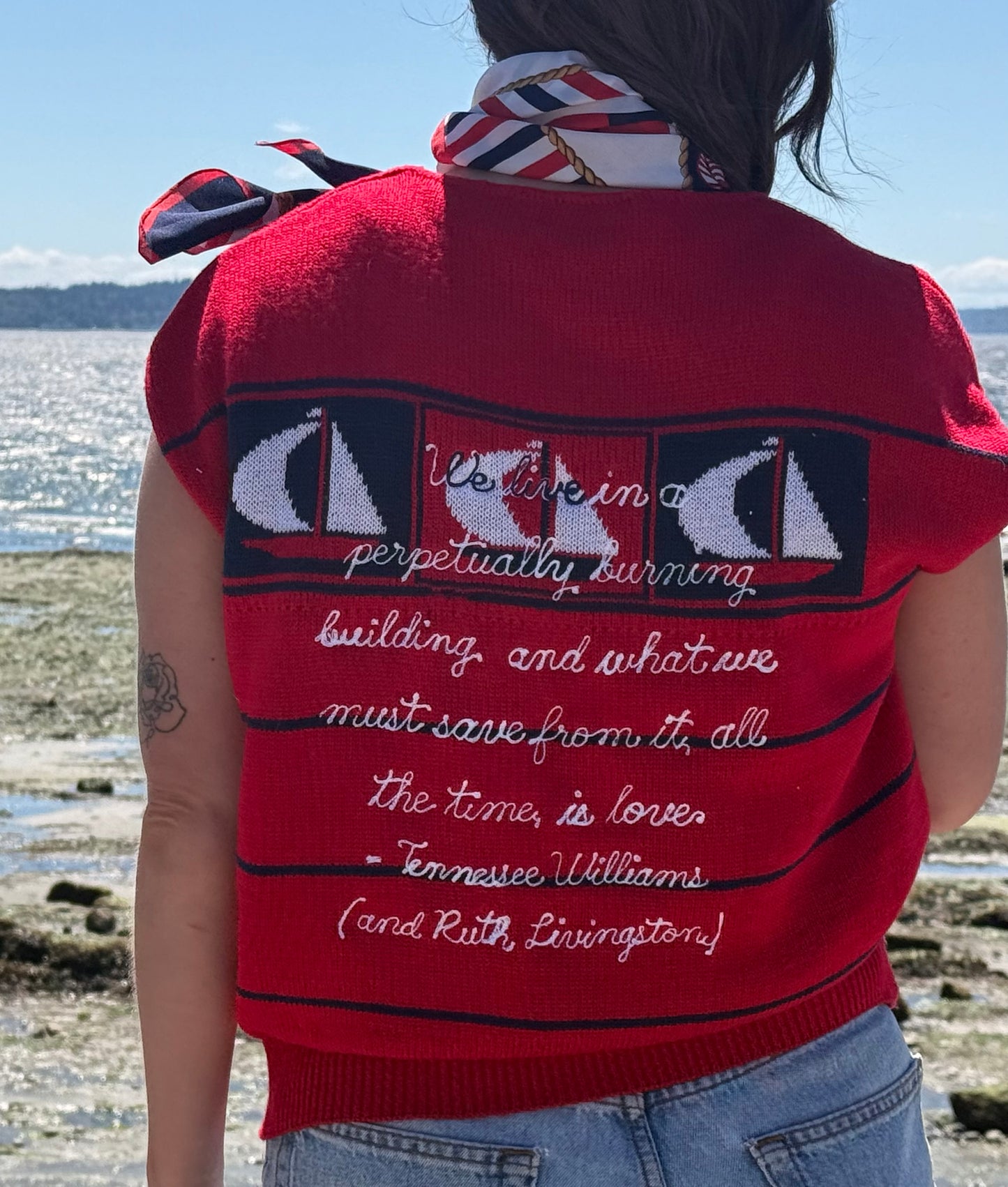 Ruth's Cross Stitch VTG Red, Blue, White Nautical Sweater Vest - LG