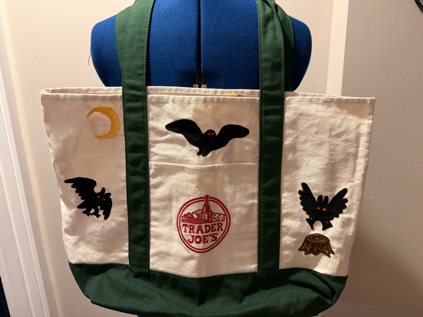 Mothman in the Woods Large Green + Beige Trader Joes Tote Bag