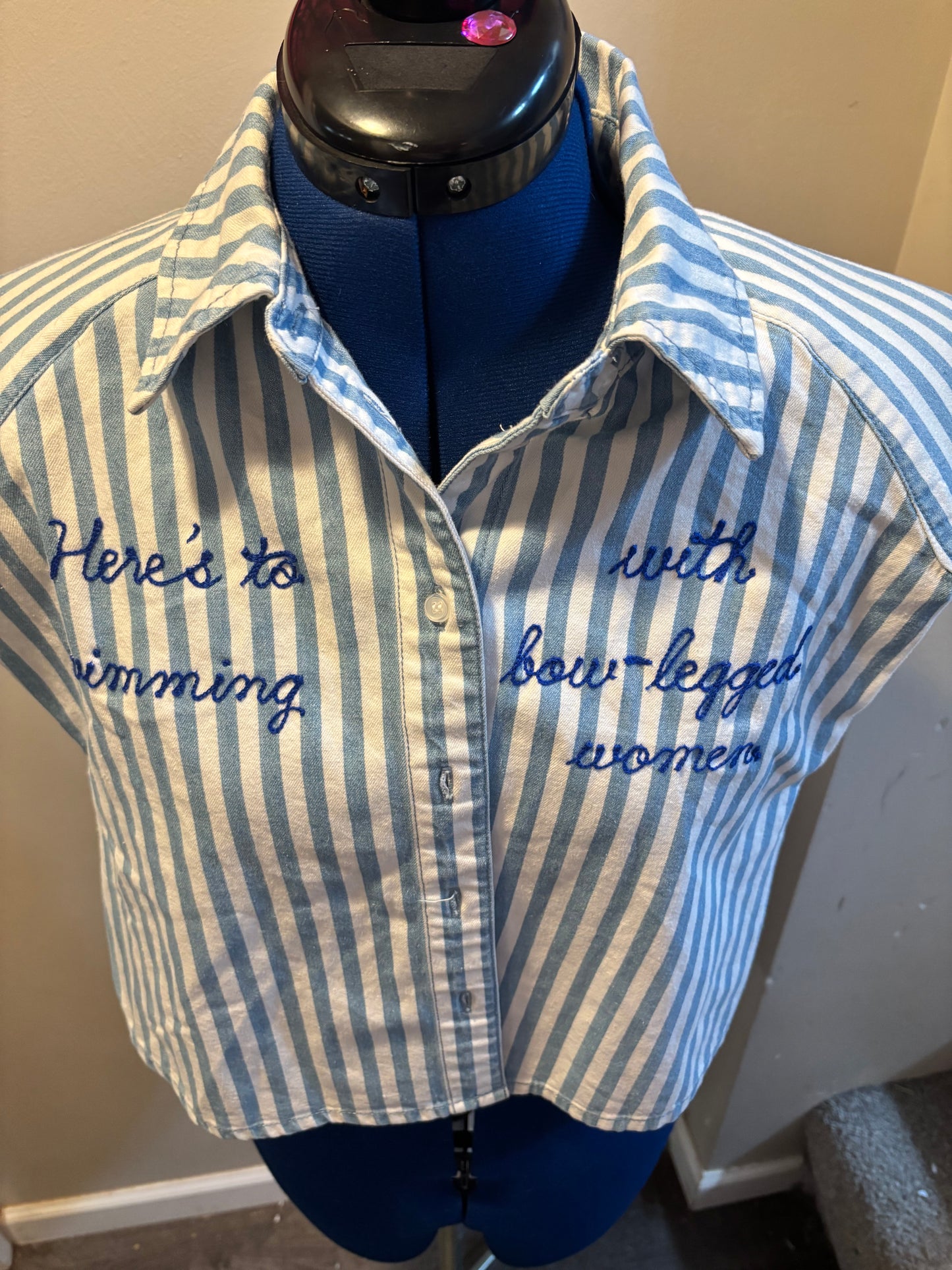 Fourth of Jaws Blue + White Striped Crop Sleeveless Top - S