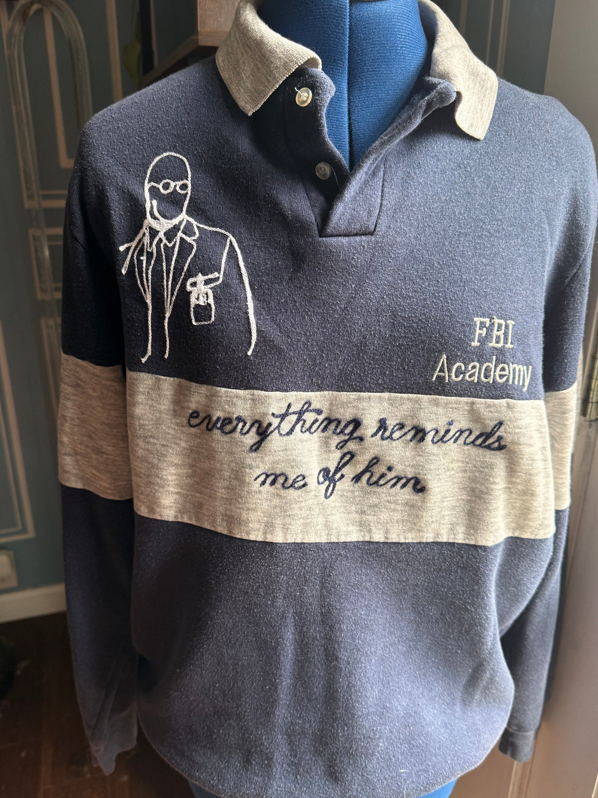 Everything Reminds Me of Him VTG The X-Files L/S Gray + Navy Polo Sweatshirt - XL