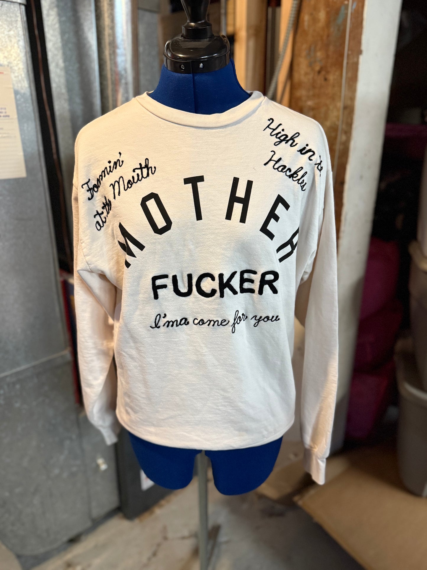 "Bitin List" White Mother Screenprinted + Stitched Crewneck Sweatshirt