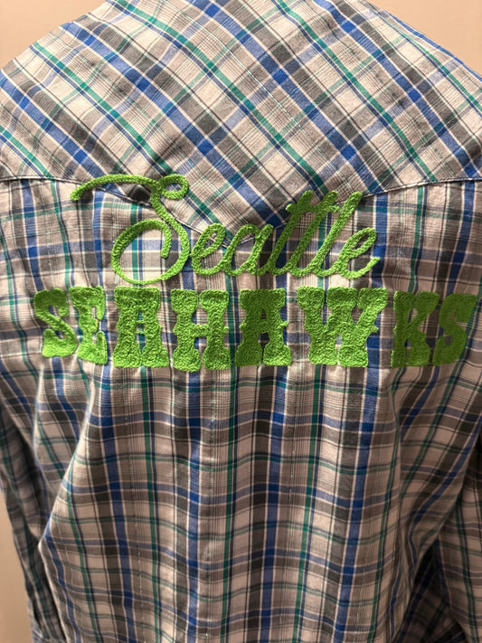 VTG 90s Green, White, Blue Plaid Metallic Seattle Seahawks Western Pearl Snap