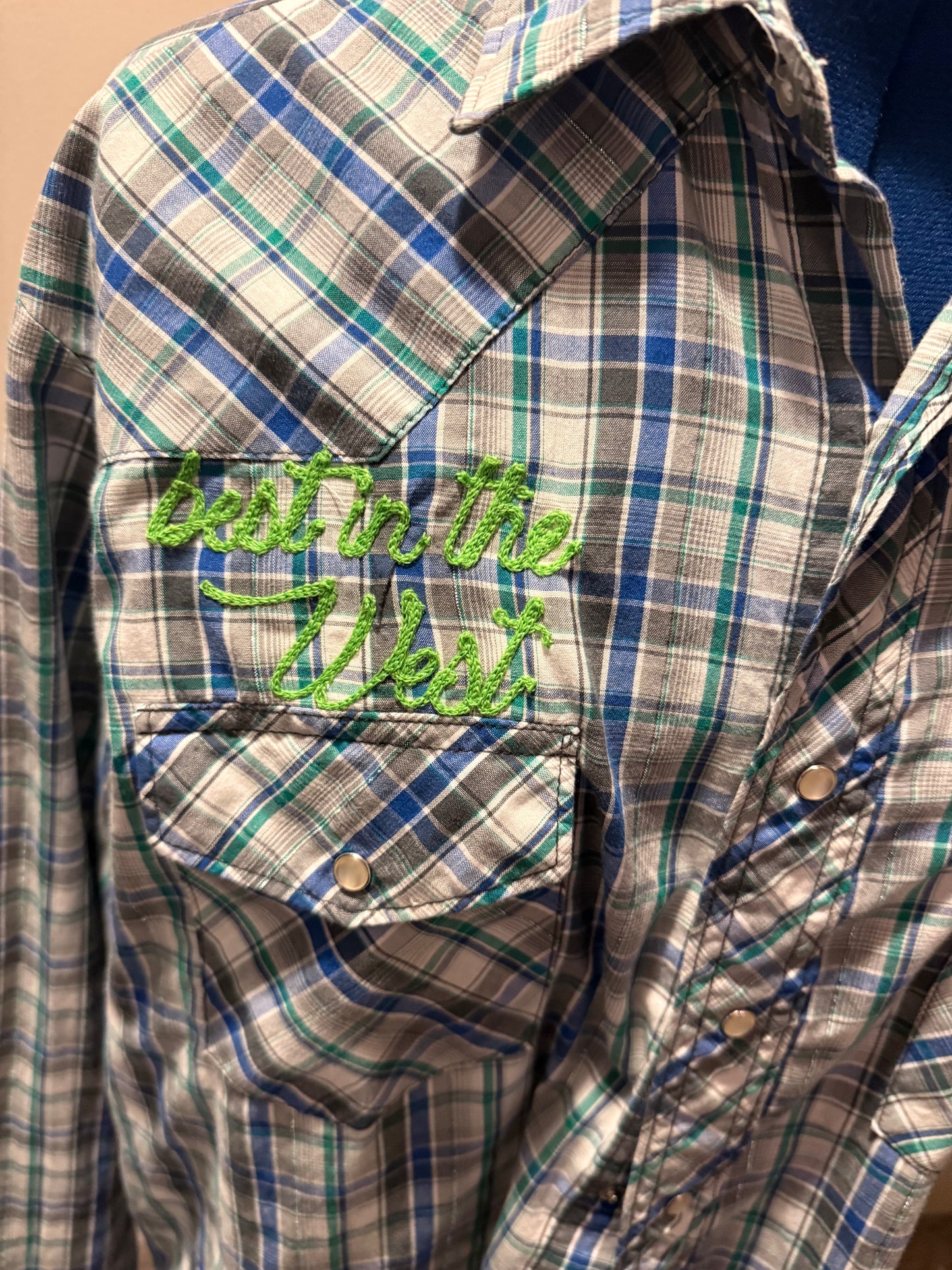 VTG 90s Green, White, Blue Plaid Metallic Seattle Seahawks Western Pearl Snap